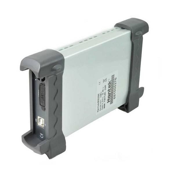 Hantek 20MHz Pc Based Digital Oscilloscope Dual 2 Channel HT6022BE - in a silver rectangular case with grey rubber bumpers, showing a USB port and a covered connector.