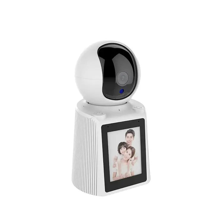 Hbs-1538 WiFi Video Calling Camera 2MP (1080P) – Smart Security With V380 App - a white, spherical security camera mounted on a base with a vertical screen displaying a photo of a family.
