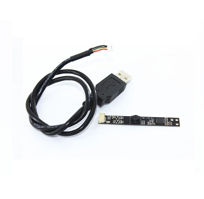Hbv-1705 S1.0 Fixed Focus Camera Module - shown with a black circuit board, a small camera lens, a white connector, and a black USB cable.