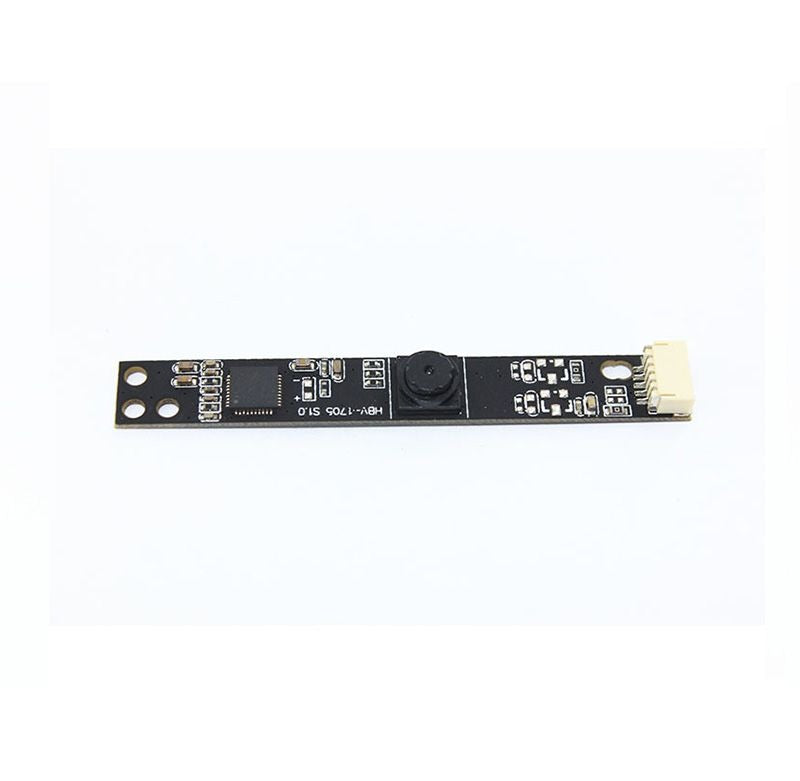 Hbv-1705 S1.0 Fixed Focus Camera Module - a thin, black rectangular circuit board featuring a central camera lens and a white connector on one end.