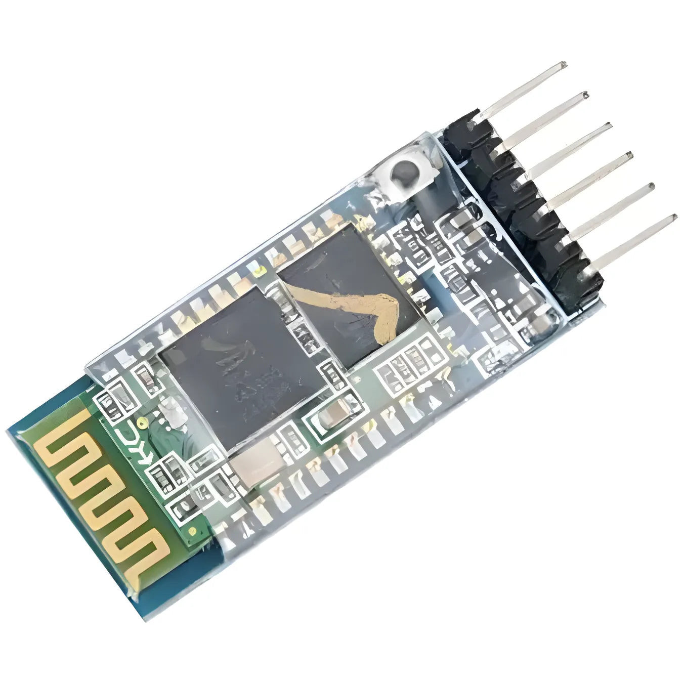 Hc 05 Bluetooth Module - a blue circuit board with a gold-patterned antenna, a central black chip, and a six-pin connector header.