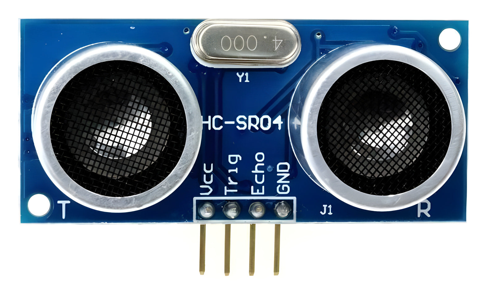 HC-SR04 Hc SR04 Arduino Ultrasonic Sensor - a blue circuit board with two circular sensors, a silver crystal oscillator, and four gold-plated connector pins.