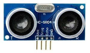 HC-SR04 Hc SR04 Arduino Ultrasonic Sensor - a blue circuit board with two circular sensors, a silver crystal oscillator, and four gold-plated connector pins.