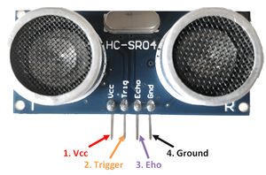 HC-SR04 Hc SR04 Arduino Ultrasonic Sensor - a blue circuit board with two silver transducers and four labeled pins: Vcc, Trig, Echo, and Gnd.
