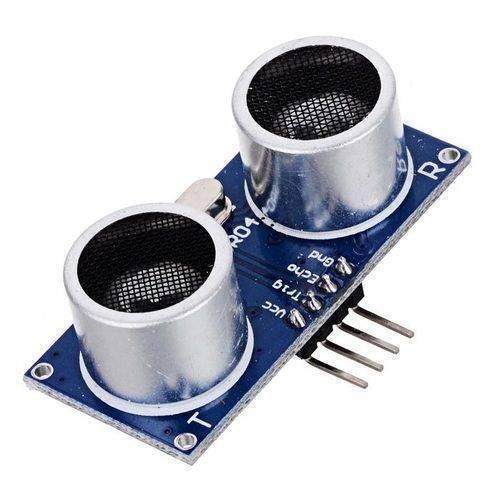 HC-SR04 Hc SR04 Arduino Ultrasonic Sensor - a blue rectangular circuit board with two silver cylindrical transducers and four metal pins labeled Vcc, Trig, Echo, and Gnd.