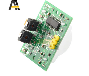 HC-SR501 PIR Motion Sensor Module Hw-416-b - a green circuit board with two potentiometers, a three-pin header, and a white sensor dome.