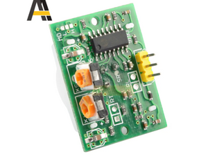 HC-SR501 PIR Motion Sensor Module Hw-416-b - a green rectangular circuit board featuring two orange adjustable potentiometers and a three-pin header.