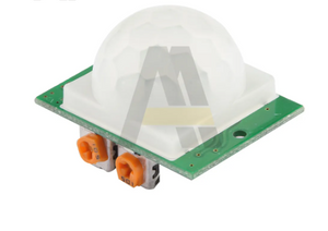HC-SR501 PIR Motion Sensor Module Hw-416-b - a green circuit board with a white hemispherical lens and two orange adjustable potentiometers.