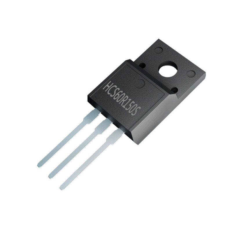 HCS60R150S 600V N-channel Super Junction Power MOSFET TO-220F Package - a black TO-220F package N-channel power MOSFET with three metal pins, viewed from an angle against a white background.