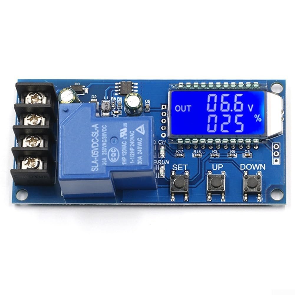 HCW-L30A Digital Battery Charging Control Module (6-60V, 30A) - a blue circuit board with a relay, a blue LCD screen displaying 06.6v and 025%, and three buttons.