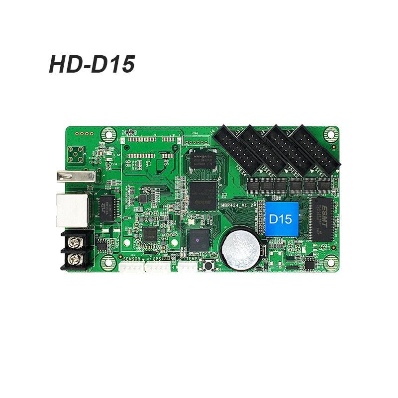 HD-D15 Asynchronous Full Color LED Display Control Card 4*HUB75 Data Interface RGB ,384x64 Pixels,small Size Screen Control Card - a green rectangular circuit board featuring four black HUB75 data ports, a silver USB port, and a round coin battery.