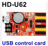HD U62 LED Control Card With USB Port - a red rectangular circuit board featuring a USB port, a CR2032 battery, a terminal block, and multiple pin header connectors.