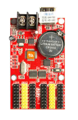 HD U62 LED Control Card With USB Port - a red rectangular circuit board featuring a USB port, a CR2032 battery holder, screw terminals, and multiple pin headers.