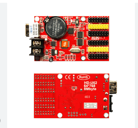 HD U62 LED Control Card With USB Port - shown from top and bottom angles, featuring a red circuit board, a battery, a USB port, and pin headers.