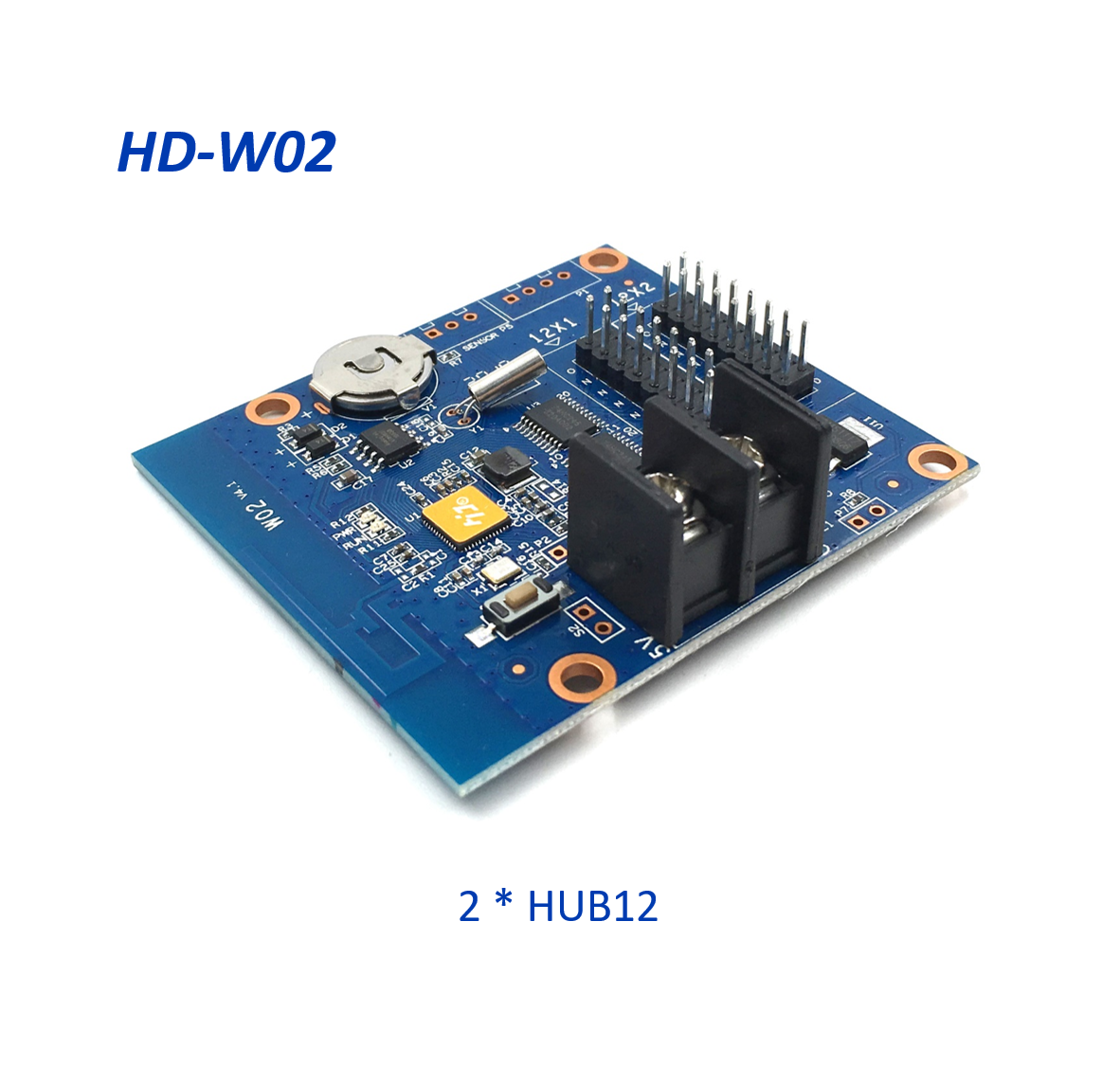 HD-W02 WiFi LED Control Card Wireless P10 LED Controller - a blue rectangular circuit board featuring a terminal block, a pin header array, a button, and a coin cell battery holder.