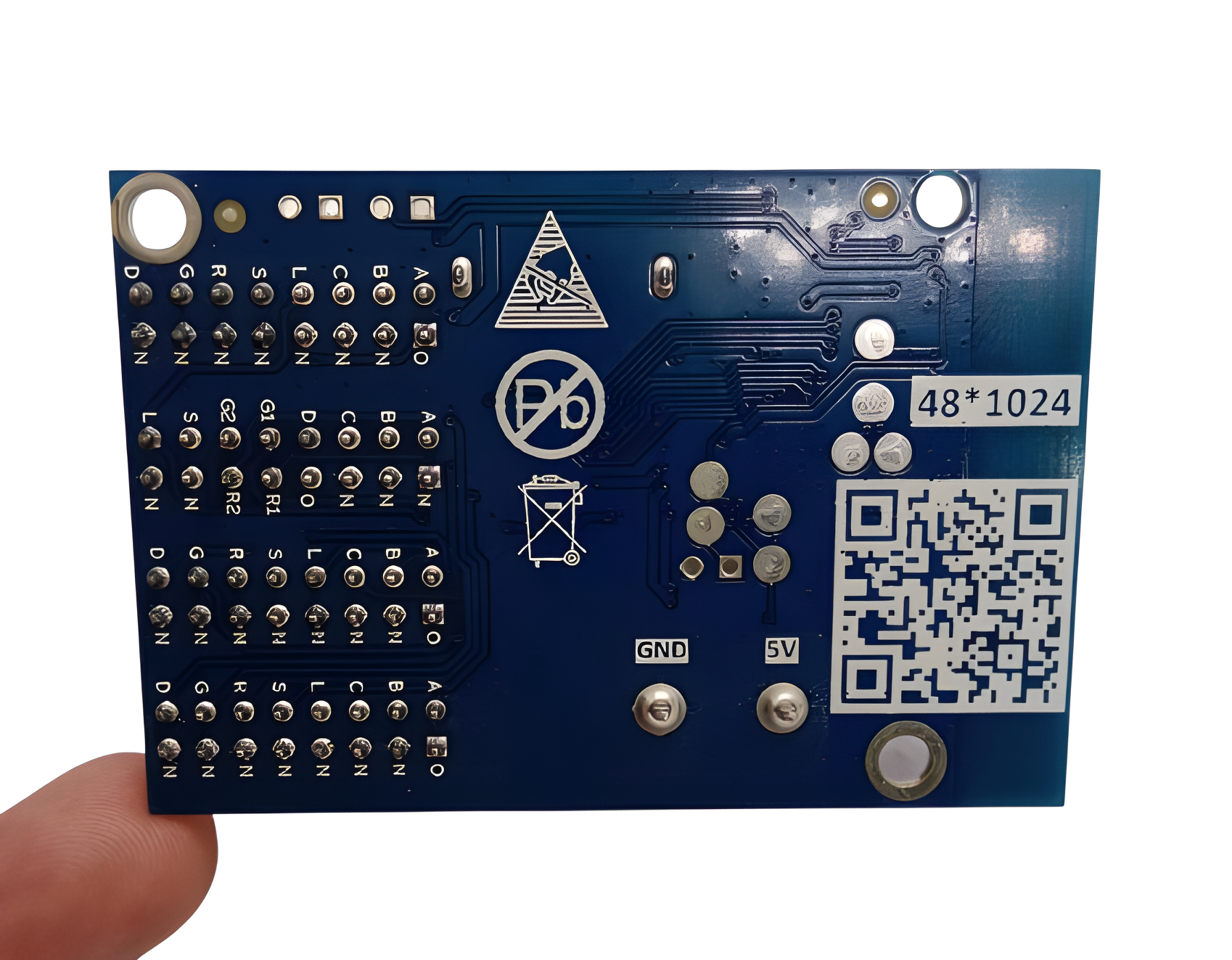 HD-W3 Wi-Fi Single Color LED Display Controller Card - the blue underside of the circuit board with pin headers, GND and 5V labels, and a QR code.