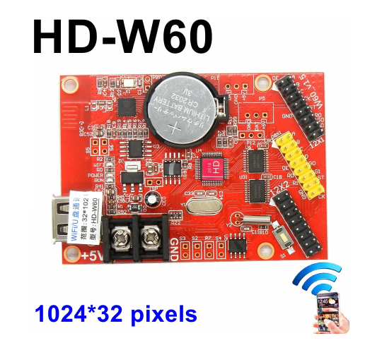 HD-W60 LED Control Card With WiFi LED Controller Card - a red rectangular circuit board featuring a CR2032 battery, a USB port, two screw terminals, and multiple pin headers.