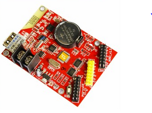 HD-W60 LED Control Card With WiFi LED Controller Card - a red circuit board with a CR2032 battery, a USB port, screw terminals, pin headers, and an integrated WiFi antenna.
