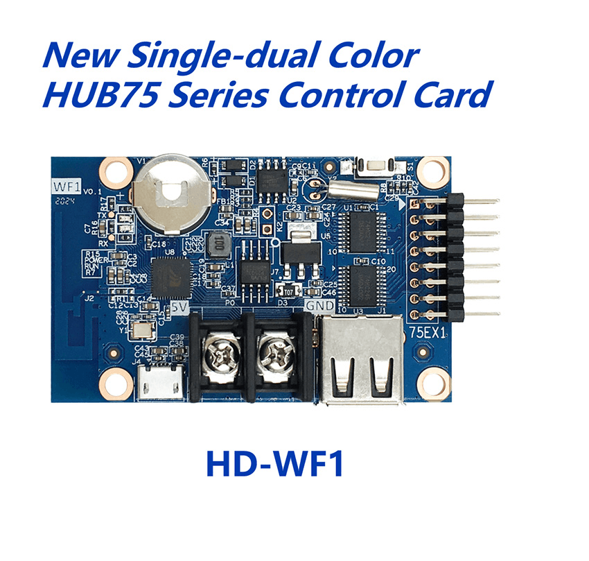 HD WF1 HUB75 Full Color LED Sign Control Card Text And Picture Display Control Card - a blue rectangular circuit board featuring a USB port, a screw terminal block, a micro-USB port, and a pin header.