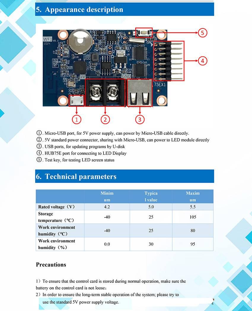 HD WF1 HUB75 Full Color LED Sign Control Card Text And Picture Display Control Card - a technical diagram with numbered labels for the Micro-USB port, power connector, USB port, HUB75E port, and test key.