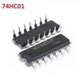 HD74HC01 Nand Gate IC - two black 14-pin dual in-line package integrated circuits with metallic pins against a white background.