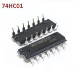 HD74HC01 Nand Gate IC - two black 14-pin dual in-line package integrated circuits with metallic pins against a white background.