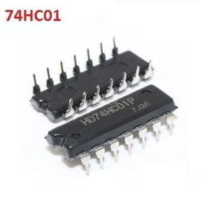 HD74HC01 Nand Gate IC - two black 14-pin dual in-line package integrated circuits with metallic pins against a white background.
