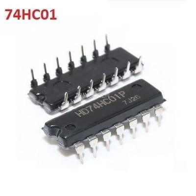 HD74HC01 Nand Gate IC - two black 14-pin dual in-line package integrated circuits with metallic pins against a white background.