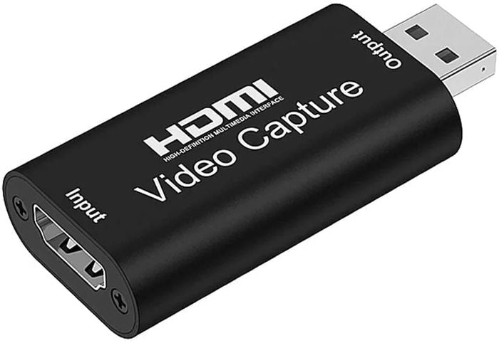 HDMI To USB 2.0 Converter HDMI Video Capture Card For Windows Android Macos - a black rectangular device featuring an HDMI input port on one end and a USB output connector.
