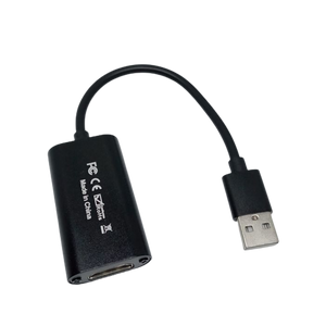 HDMI To USB 2.0 Converter HDMI Video Capture Card For Windows Android Macos - a black rectangular housing with an HDMI port, a flexible cable, and a USB-A connector.