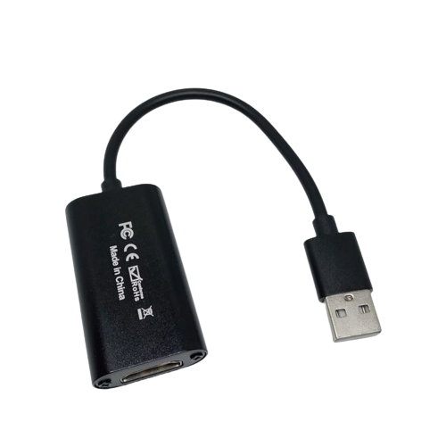 HDMI To USB 2.0 Converter HDMI Video Capture Card For Windows Android Macos - a black rectangular housing with an HDMI port, a flexible cable, and a USB-A connector.
