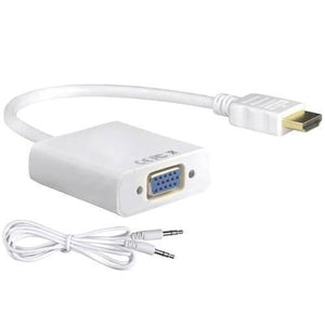HDMI To VGA Female Adapter Converter With Audio Support - a white HDMI to VGA adapter with a connected cable and a separate 3.5mm audio cable.