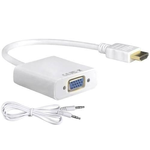 HDMI To VGA Female Adapter Converter With Audio Support - a white HDMI to VGA adapter with a connected cable and a separate 3.5mm audio cable.