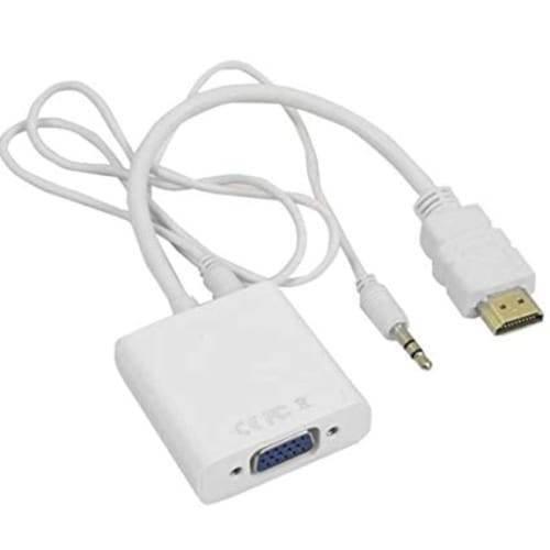 HDMI To VGA Female Adapter Converter With Audio Support - a white adapter with a VGA port, an HDMI connector, and a 3.5mm audio jack cable.