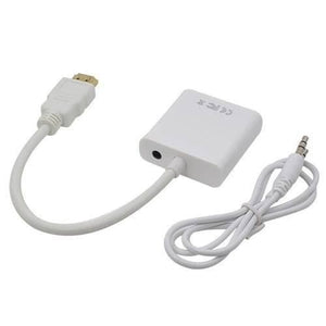 HDMI To VGA Female Adapter Converter With Audio Support - a white adapter with an HDMI connector, a 3.5mm audio jack, and an included audio cable.