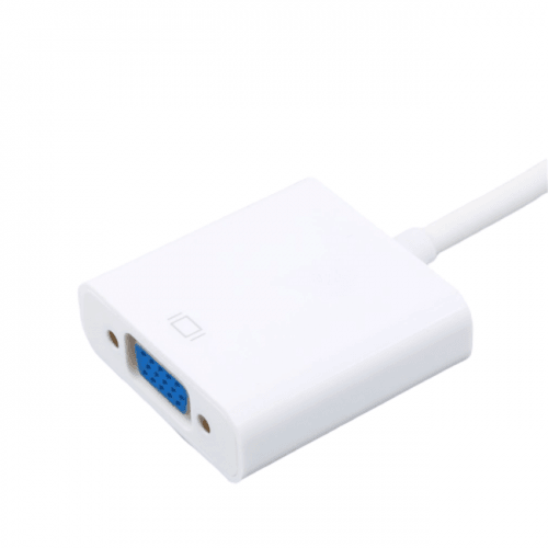 HDMI To VGA Video Adapter Cable Converter - a white adapter with a blue VGA female port and an attached white cable.