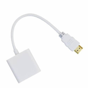 HDMI To VGA Video Adapter Cable Converter - shown as a white adapter featuring a rectangular housing connected by a short cable to a gold-plated HDMI plug.