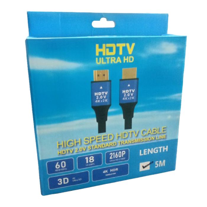 Hdtv Ulltra HD HDMI Cable 2.0V 2k 4k - High-speed HDMI Cable For Ultra HD Devices - a blue cardboard box with a graphic of two HDMI connectors and printed technical specifications.