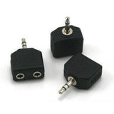 Headphone Jack Splitter 3.5mm Jack Plug To 2x 3.5mm Jack Sockets Stereo Adaptor Dual Splitter - three black plastic adapters with one male 3.5mm plug and two ports.