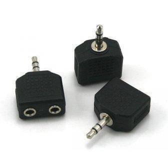 Headphone Jack Splitter 3.5mm Jack Plug To 2x 3.5mm Jack Sockets Stereo Adaptor Dual Splitter - three black plastic adapters with one male 3.5mm plug and two ports.
