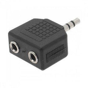 Headphone Jack Splitter 3.5mm Jack Plug To 2x 3.5mm Jack Sockets Stereo Adaptor Dual Splitter - a black plastic Y-shaped adapter with one male plug and two female ports.