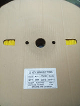 Heat Shrink Sleeve Yellow Color 200Meter Roll - shown as a yellow coiled tube inside a cardboard spool with a product specification label attached.