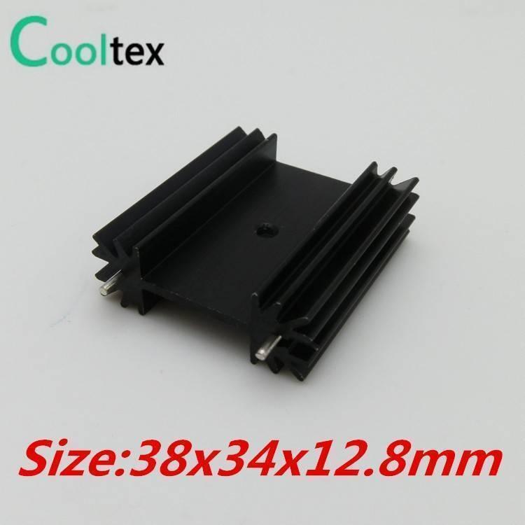 Heat Sink TO-3p Package And TO-220 - a black metal finned heat sink with a central mounting hole and two protruding pins, shown with its dimensions.