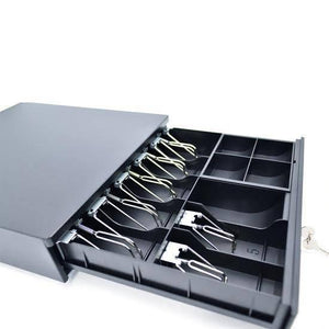 Heavy Duty Cash Drawer With 7 Bill 4 Coin With Under Counter Mounting Metal Bracket - an open black metal cash drawer with a key inserted.