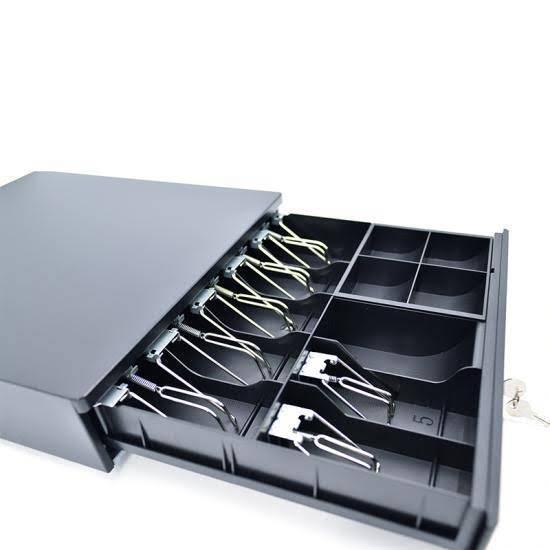 Heavy Duty Cash Drawer With 7 Bill 4 Coin With Under Counter Mounting Metal Bracket - an open black metal cash drawer with a key inserted.