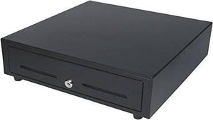 Heavy Duty Cash Drawer With 7 Bill 4 Coin With Under Counter Mounting Metal Bracket - a black, rectangular metal cash drawer featuring a front-facing key lock and two horizontal media slots.