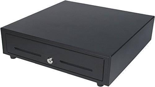 Heavy Duty Cash Drawer With 7 Bill 4 Coin With Under Counter Mounting Metal Bracket - a black, rectangular metal cash drawer featuring a front-facing key lock and two horizontal media slots.