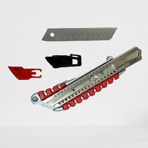 Heavy Duty Knife 24mm Alloy Steel Blade Cutter - shown disassembled with a metal handle, a spare blade, and two small plastic components.