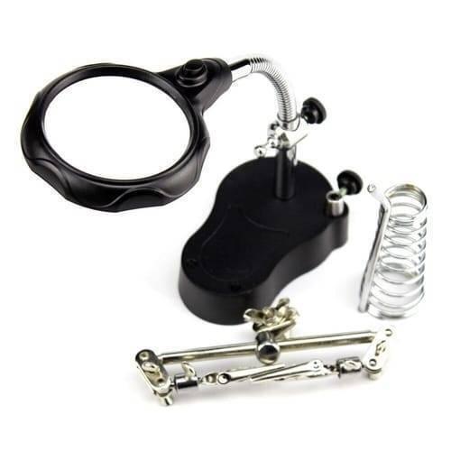 Helping Hand Clip Desktop LED Light Magnifier Glass With Soldering Stand 3.5x 12x - a black magnifying lamp, a base, alligator clips, and a wire stand.