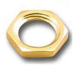 Hex Nut For SMA Connector - a close-up shot of a single gold-colored hexagonal metal nut with a threaded circular opening in the center.